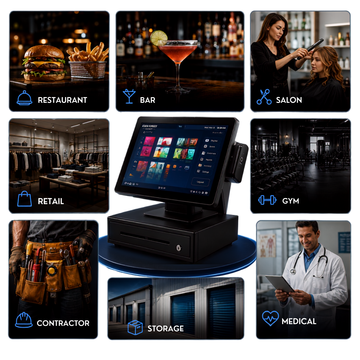 Industry collage: restaurant, bar, salon, retail, gym, contractor, storage, and medical businesses around a POS terminal
